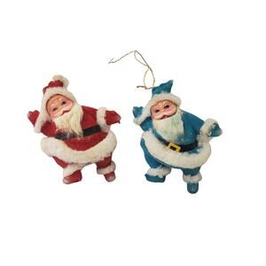 Vintage MCM Flocked Santa Christmas Ornament Pair Blue and Red Hong Kong